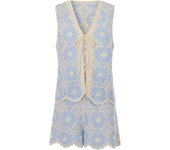 Women Summer Boho Vintage Knit Outfits Crochet Pattern V-Neck Tie Front Tank Tops with Wide Leg Shorts Vacation Two Pcs Set