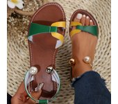 Women's Fashion Summer Sandals, Faux Pearl Metallic Strap Slip On Beach Flat Shoes, Casual Outside Sandals