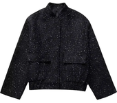 Suninheart Women's Sequined Bomber Jacket Fall O Neck Long Sleeve Pocket Stretch Hem Sequins Jacket Coat Female Chic Outerwear