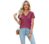 Top casual para mujer, costuras de color sólido de verano, cuello en V, camiseta casual con manga de pétalos