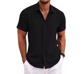 Cárdigan de algodón y lino con doble tapeta para hombre, camisa de color sólido de manga corta, solapa de manga corta