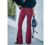 2024 Women's Solid Color High Waist Slim Fit Flared Pants Corduroy Elastic Waist Casual Pants