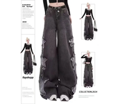 Pantalones vaqueros góticos de gran tamaño para mujer, Jeans negros y rosas cruzados, pantalones vaqueros estéticos sueltos de gran tamaño Harajuku coreanos de los años 2000