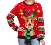 Womens LED Light Up Reindeer Ugly Christmas Sweater Built-in Light Bulbs