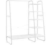 Burro Perchero, Perchero con Zapatero, 5 Estantes de Almacenamiento, 6 Ganchos Laterales, Dormitorio, Sala de Estar, Pasillo, Diseño Industrial, Roble y Blanco Mate RGR116W09
