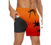 Men's 2-in-1 Digital Print Beach Swim Trunks with Palm Tree Design - Quick-Dry, Drawstring Waist, Pockets, Polyester Blend, Gradient Color (Black to Blue) - Perfect for Summer, Pool & Vacation, Bathing Suits
