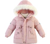 Girls Thick Warm Puffer Jacket Kids Coat with Fur Hoodie Jacket  Puffy  Windproof Cotton  Outwear 3-8 Years Pink