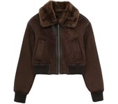 TRAFZA 2023 Winter Woman Fleece Cropped Jacket Women Brown Faux Fur Coat Long Sleeve Short Coats Y2K Zip Up Plush Bomber Jacket