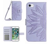 For iPhone 7 / 8 4.7 inch / SE (2020) / SE (2022) HT04 Skin-touch Stand Leather Case Imprinted Sunflower Phone Wallet Cover with Shoulder Strap