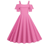 Vestido de fiesta Vintage elegante con hombros descubiertos, vestidos Midi de línea A con volantes y lunares de verano para mujer