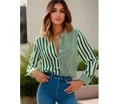 Black Striped Printed Long-sleeved For Women Fashion Lapel Button-down Shirt Temperament Office Cardigan