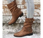 Botas De Tacón Bajo Para Mujer, Botas De Cuero Planas Retro De Tubo Medio