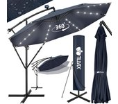 300/350 cm Sombrilla Excentrico con 32 Luces LED Solar | Parasol para Terraza Jardín Balcón Patio | con Manivela y Base en Cruz, Giratorio 360º, Protección UV