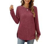 Top mujer tallas grandes,camiseta cuello redondo manga larga,holgada,cordón,top,dobladillo curvado,jersey otoño,ropa mujer
