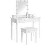 Mesa Tocador, Mesa Maquillaje con Taburete Tapizado, Espejo, 10 Bombillas Regulables Iluminación, 2 Cajones Grandes con Tablero Vidrio Templado, 2 Cajones Pequeños, Blanco