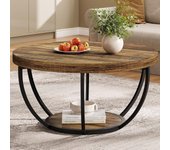 Centro Redonda, Mesa de Centro Industrial Circular de 2 Niveles con estantes de Almacenamiento, Mesa Central Moderna de Madera para sofá, Mesa Auxiliar para Sala de Estar, Oficina