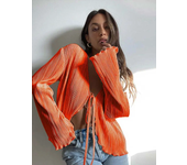 wsevypo Women Pleated Plain Shirts Spring Fall Chic Long Flare Sleeve V- Neck Tie Up Cardigans Tops for Casual Party Street