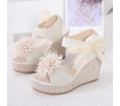 Spring and summer new flower muffin thick-soled wedge sandals women's lace-up one-word high-heeled beach fish mouth sandals
