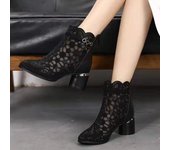 New Spring/Summer Hollow Fashion Mesh Boots with Chunky Heels, Rhinestone Breathable Zipper Women's Sandals