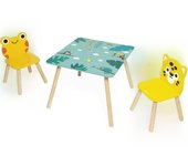 Mesa y 2 Sillas de Madera Tropik - Mobiliario para Niños - Mesa 55 x 55 cm, Silla Rana y Silla Jaguar - Pintura al Agua - A partir de 3 Años, J08273