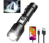 Linterna recargable de 15000 lúmenes de alto brillo, linterna táctica, 6 modos 2COB con luz, ajustable con zoom