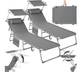 Set de 2X Tumbonas Jardín Exterior, Tumbonas Plegables con Reposacabezas, Parasol y Bolsillo Lateral, Tumbonas Playa Reclinables 4 Posiciones, Tumbona Piscina Resistente a Intemperie - Gris