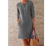 Women Cotton Linen Dress Midi Boho Vintage Henley Neck Plus Size Long Sleeves Skirt Crew neck Spring Summer  46 44 42 40