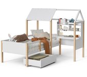 90 x 200 cm children's bed with fall-out protection and slatted frame, L-shaped desk and bookshelf, drawers with castors, multifunctional house bed made of solid wood, white （without mattress and chair）