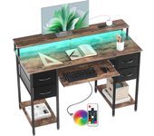 Escritorio Moderno LED con Regleta Enchufes - 120x50 cm Mesa Gaming Ordenador con Bandeja para Teclado, 4 Cajones Reversibles, Grande Soporte Monitor para Estudiar Jugar Trabajar Dormitorio