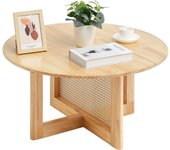 SucceBuy 33-Inch Rattan Coffee Table, Round Woven Wood Table with Rubber Wood Top, Modern Boho Circular Storage