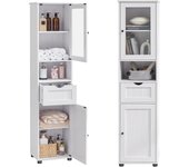 Mueble Baño, Armario Baño, Armario Alto, Compartimento Abierto, Puerta de Cristal, Estrecho, con Patas, Estantes Regulables en Altura, Ahorro de Espacio, Blanco Arce BBK163T44