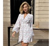 Vestido corto de manga larga estampado 2025 primavera y verano nuevo vestido corto de manga farol vestido de cintura mujer