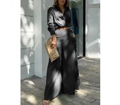 Women's 2-piece casual suit, long sleeved shirt, back collar and wide leg pants, elegant