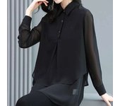 Spring Autumn Korean Style Black Fashion Double Layer Pullover Casual Chiffon Shirt Women Lapel Long Sleeve Blouse 5XL