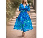 2025 vestido de verano cintura temperamento cintura con cuello en V impreso vestido largo mujer