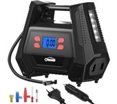Ruedas Coche DC 12V y AC 220V Compresor Aire portatil con Pantalla LCD Luz LED Cable de 3M 150PSI para Coches, Motos y Bicicletas