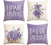 Juego de 4 fundas de almohada de lino lavanda morada,  para de Granja Color sólido para Sala de sofá