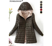 New Mid Length Korean Edition Hooded Fit Women Jackets Autumn Winter Mid-length Office Cotton Coats Warm Lamb Fleece Parkas