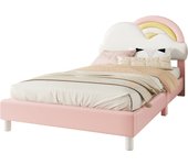 Cama tapizada, 90 x 200 cm, forma de arco iris con nubes, cama con somier (sin colchón), PU, minimalista, rosa