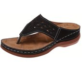 Women's Fashion Wedge Sandals, Casual Faux Leather Solid Color Flip Flops, Lightweight & Comfortable Shoes