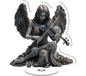 Rotating acrylic sculpture of a shadow angel with pitch-black wings playing a void-absorbing violin on a bright white background