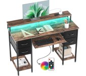 Escritorio Moderno LED con Regleta Enchufes - 120x50 cm Mesa Gaming Ordenador con Bandeja para Teclado, 4 Cajones Reversibles, Grande Soporte Monitor para Estudiar Jugar Trabajar Dormitorio
