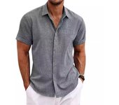 Cárdigan de algodón y lino con doble tapeta para hombre, camisa de color sólido de manga corta, solapa de manga corta