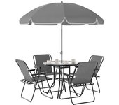 Conjunto de Mesa y Sillas Jardín de 6 Piezas Muebles de Jardín Exterior con 4 Sillas Plegables Mesa de Vidrio y Sombrilla para Terraza Patio Gris