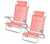 Pack de 2 sillas de playa plegables, con respaldo reclinable 7 posiciones, convertibles en tumbona, tamaño 47x49x82 cm, de aluminio y textileno, con cojín acolchado y asas de mano para transportar, estructura plegable, máx. 110 kg, multiposición