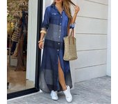 Spring And Autumn Women's Fashion Checker Print Shirt Casual Polo Neck Long Sleeve Loose Single Breasted Pocket Dress