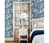 Muestra DIN A4 de Papel pintado vinílico ecológico tropical de hojas de palmera y platanero azul - Palm Beach 680752 de GAULAN