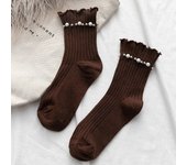 1 Pair Women's Mid Length Socks Pearl Decoration Fashion Pleated Pile Up Socks Lace Lace Lolita Jk Versatile Girls' Cotton Socks