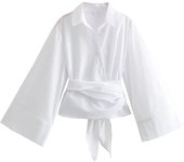 TRAF-Women's Long Sleeve Kimono Blouses With Bow Tie, Front Button, Female Shirts, Chic Tops, Fashion