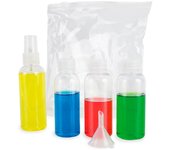 ADRI. Neceser Transparente de Viaje para avión con 4 Botes PVC de 2 de 70 ml + 1 de 80 ml con vaporizador+ 1 de 50 ml + Embudo, Kit de Botellas para Avión